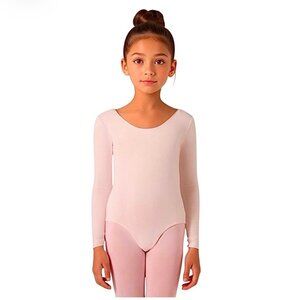 Capezio Childs M 8-10 Pink Leotard Long Sleeve Scoop Neck Bodysuit Dance New